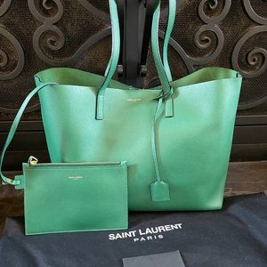SAINT LAURENT GREEN EAST WEST LEATHER SHOPPER TOTE BAG